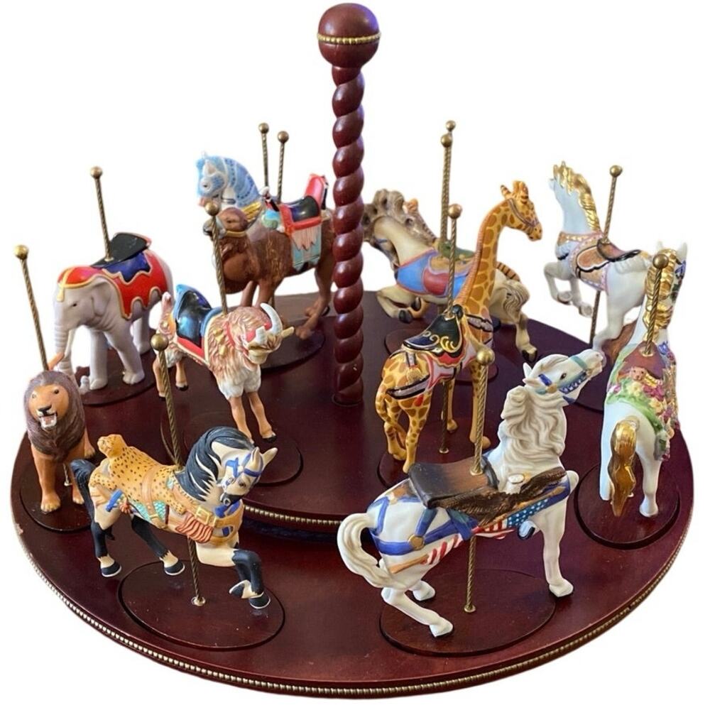 FRANKLIN MINT Treasury of Carousel Art 1989 12 Animals Wooden Display Turntable